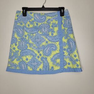 Lilly & Van blue green paisley print wrap style cute mini skirt size Small